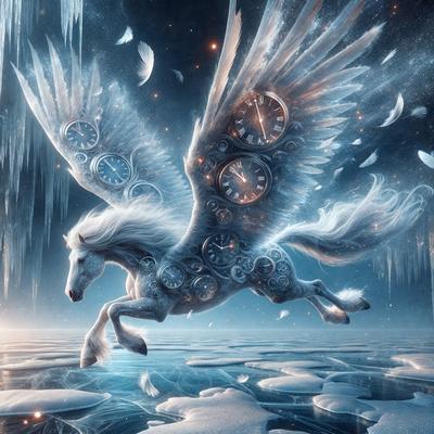The primary subject of the image is a white horse with a clock on its back. The horse is flying through the air, and the clock is prominently displayed on its back. The setting is a snowy environment, with the horse flying over a frozen lake. The visual style is digital art, and the colors are predominantly white and blue, giving the image a serene and icy atmosphere.